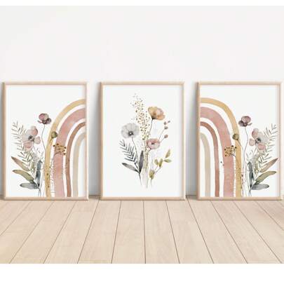 1件婴儿房装饰墙饰。波西米亚风彩虹野花水彩画_花卉苗圃_，儿童房数字墙饰，游戏室装饰，幼儿房可打印作品，兼收并蓄的苗圃墙饰。婴儿房 - 可爱俏皮的儿童装饰。多种尺寸可选，20-70厘米，带框或不带框，适用于婴儿房装饰。家居装饰，夏季墙饰
