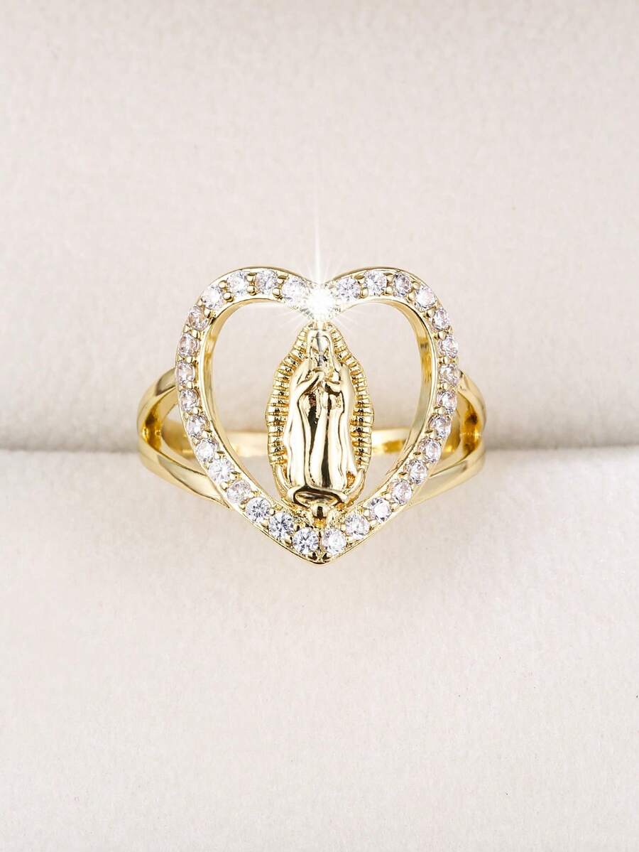 1pc Fashion Virgin Mary Heart Shaped Design Cubic Zirconia Adjustable Ring For Women