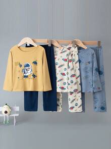 6pcs/Set Boys' Cartoon Astronaut Print Lightweight Long Sleeve Pajama Set, Spring & Autumn - Multicolor - View 1