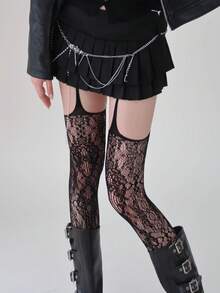 1/2 双花藤吊袜带，女式连体蕾丝提花渔网袜