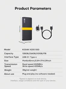 Kodak X200 1TB 2TB External SSD Type-C Hard Drive Flash USB3.2 450Mb/S Portable SSD 128GB 256GB 512GB Mini PSSD For Laptop Desktop Mobile - Black - View 10
