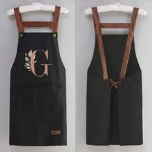 1 件套家用厨房围裙 - 可调节肩带设计，大前口袋成人男女烹饪耐用围裙，四季创意字母 A-Z 印花围裙轻薄围裙餐厅店服务员工作制服 - 黑色 - 查看 32