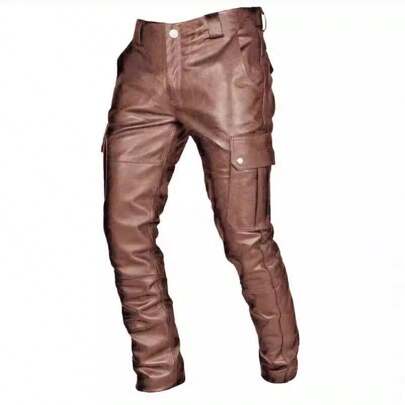 Solid Color PU Strap Casual Men's Leather Pants