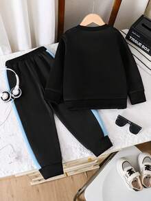 青少年男孩字母印花保暖圆领运动衫和裤子套装 - 黑色 - 查看 2
