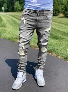 1 件男士灰色弹力紧身破洞百搭牛仔裤，户外舒适休闲工装紧身牛仔裤，Y2K 风格，适合作为送给丈夫/男朋友的礼物，日常穿着