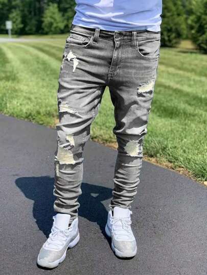 1 件男士灰色弹力紧身破洞百搭牛仔裤，户外舒适休闲工装紧身牛仔裤，Y2K 风格，适合作为送给丈夫/男朋友的礼物，日常穿着