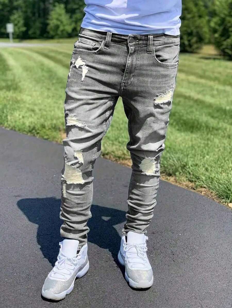 1 件男士灰色弹力紧身破洞百搭牛仔裤，户外舒适休闲工装紧身牛仔裤，Y2K 风格，适合作为送给丈夫/男朋友的礼物，日常穿着