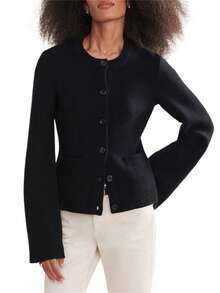 Women's Solid Color Cardigan Long Sleeve Crew Neck Button Down Sweater Knit Tops With Pockets Fall Fashion For Women - Black - View 8