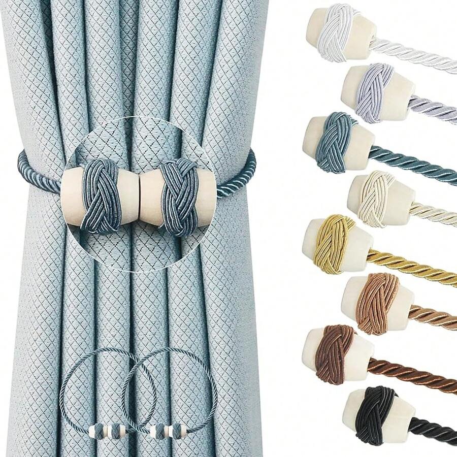 Curtain Tiebacks Magnetic Rope Tie Backs Handmade Curtains Holders Drapes Outdoor Decorative Window Holdbacks, Beige 2Pack - Blue - View 1