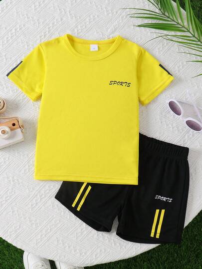 2pcs/Set Kids Summer Mesh Sports Letter Print Round Neck Short Sleeve T-Shirt And Shorts Set, 3-7 Years Old, Sports, Casual, Outdoor Activities