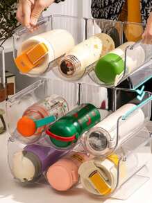 1pc No Drill Plastic Transparent Wine Rack With Cup Holder, Stackable Bar/Countertop/Fridge Storage For Wine Bottles And Tumblers, Home Kitchen Living Room Display Shelf