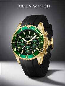 BIDEN Men's Watch Diving Bezel Chronograph Waterproof Luminous Design Rubber Strap Sports Analog Date - Green - View 6
