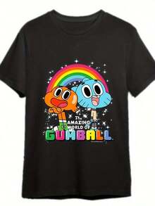 Amazing World Of Gumball Darwin Graphic T-Shirt, Vintage Style, Cotton Blend Crew Neck Tee, Regular Fit, Short Sleeve, With Slight Stretch, Heat Transfer Print, For Men, All-Season Casual Top Cotton Women Clothing - 黑色 - 查看 1