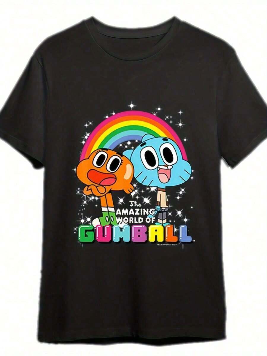 Amazing World Of Gumball Darwin Graphic T-Shirt, Vintage Style, Cotton Blend Crew Neck Tee, Regular Fit, Short Sleeve, With Slight Stretch, Heat Transfer Print, For Men, All-Season Casual Top Cotton Women Clothing - 黑色 - 查看 1