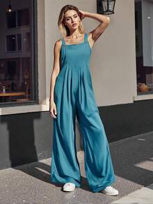 Womens Fashion Solid Color Jumpsuit Casual Button Wide Leg Suspender Overalls With Pockets - 寶藍色 - 查看 4