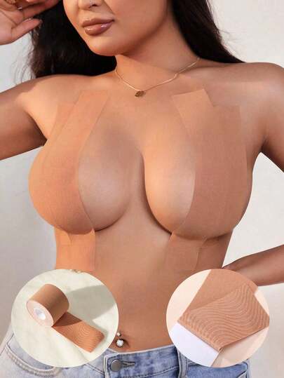Women's Chest Binding Strap, Elastic Bra Can Gather And Attach, Lift Breasts, Comes With Disposable Nipple Covers, Suitable For Enhancing Small And Large Breasts, Summer Sweat-Proof, Prevent Bulging, Applicable For A-E Cup Sizes, Suitable For Wedding Dresses, Backless Outfits, Multiple Wearing Methods, Anti-Bulge Patches, Muscle Tape
