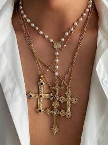 Set de 4 collares con colgante de cruz incrustado de circonia y cobre, adecuado para uso diario, fiestas y reuniones