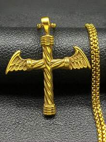 1pc Twisted Textured Stainless Steel Cross Pendant, Vintage Creative Titanium Steel Necklace For Men - Gold - View 2