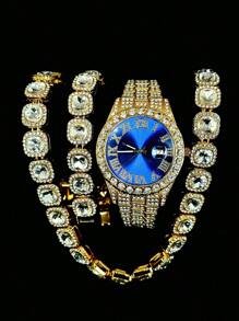 Set de joyería de 3 piezas estilo europeo y americano hip-hop con diamantes completos, reloj, collar y pulsera con rhinestones, correa de metal y calendario, regalo para estudiantes hombres y mujeres