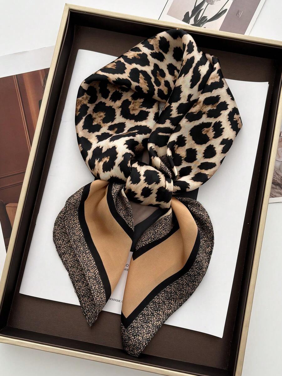 1 pieza Pañuelo cuadrado de seda de imitación con estampado de leopardo de marca de lujo, pañuelo de cuello versátil y casual para decoración para vestido