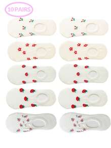 5/10 paires de chaussettes fines pour femmes au printemps et en été, chaussettes invisibles avec motifs de fruits de dessins animés, chaussettes basses blanches de type bateau, chaussettes à bouche peu profonde, chaussettes fines d'été à bouche peu profonde et invisibles de type bateau, chaussettes courtes