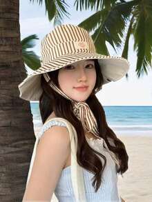 1pc Vintage Check Pattern Applique Contrast Color Drawstring Wide Brim Bucket Hat Boho Vacay Spring/Summer Sun Protection Hat, Bright Monochromatic Looks, Tie Strap UV Protection Travel Accessory - Multicolor - View 11