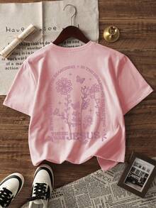 This Casual Print Round Neck Short Sleeve T-Shirt Is Suitable For Girls And Children To Wear In Summer - With A Butterfly Pattern, Providing A Unique T-Shirt For Children Who Love Plants And Want To Stand Out! Girl's Clothing, Girls' Graphic T-Shirt, Summer Top, Teen Clothing - Pink - View 1