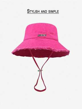 Cappello da secchio stile coreano con lettera metallica sfilacciata, berretto vintage rosso rosa per protezione solare all'aperto e escursionismo da donna