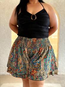 Truni Elyhuante_03 Plus Size Elastic Waistband Paisley Printed Ruffle Hem Shorts, Summer, For Pear Triangle Body Shape