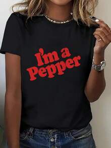 CHEIRTURE-TEE Black 'I'm A Pepper' Printed Women's T-Shirt, Printed Crew Neck Design, Comfortable Everyday T-Shirt, 100% Cotton, Suitable For All Seasons. - Black - View 1