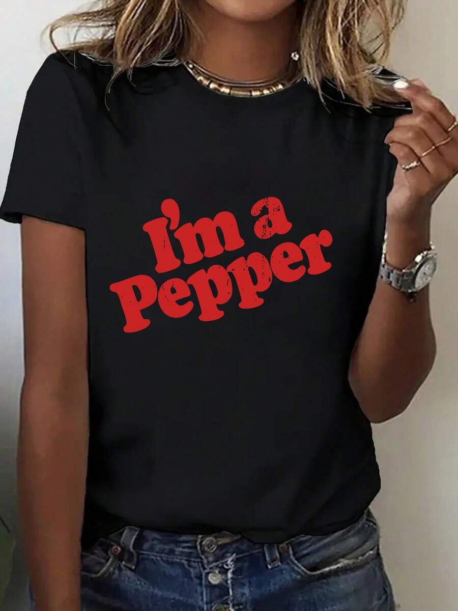 CHEIRTURE-TEE Black 'I'm A Pepper' Printed Women's T-Shirt, Printed Crew Neck Design, Comfortable Everyday T-Shirt, 100% Cotton, Suitable For All Seasons. - Black - View 1