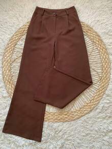 Conjunto Social Calça Pantalona Cintura alta bolsos Alfaiataria Colete Botões  Simples    elegante  Casual    Bolso  Zíper - Café - Visão 6