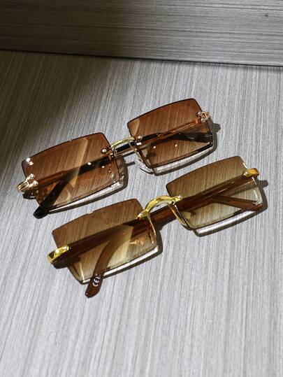 2PCS Women Unframed Retro Rectangular Metal Sunglasses, Classic Fashion Eyewear For Outdoor Travel Beach Holiday Casual Daily Wear, UV Protection Driving Sunglasses For Women Shade Going Out Outfit Outdoor Beach Seaside Vacation And Gift For Family And Friends