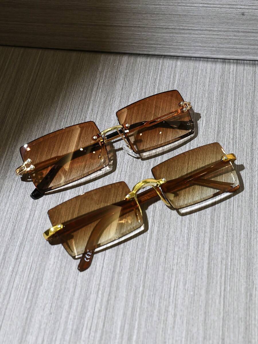 2 件女式无框复古矩形金属太阳镜，经典时尚眼镜，适合户外旅行海滩度假休闲日常佩戴，防紫外线驾驶太阳镜，适合女士遮阳外出装户外海滩海滨度假，是送给家人和朋友的礼物 - 2PCS組合裝B - 查看 1