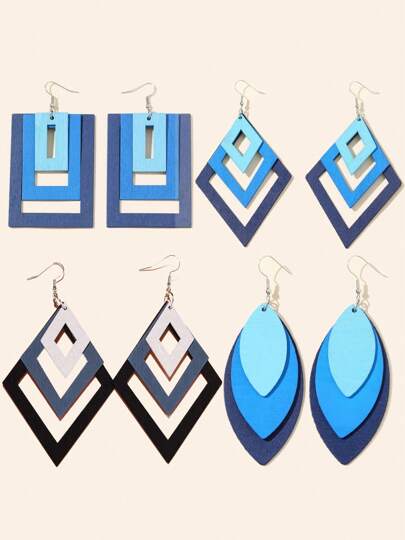 4 قطع / مجموعة أقراط خشبية 3 قطع شكل معين بتدرج اللون المدمج، أقراط مبالغ فيها قطرة متدلية رجعية للنساء