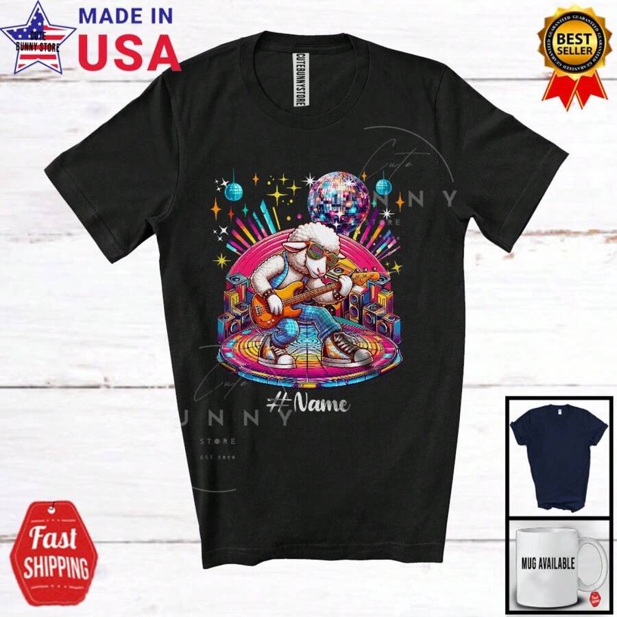 Good Quality Disco Sheep Playing Guitar; Joyful Custom Name Farmer Guitarist; Music T-Shirt - Black - View 1