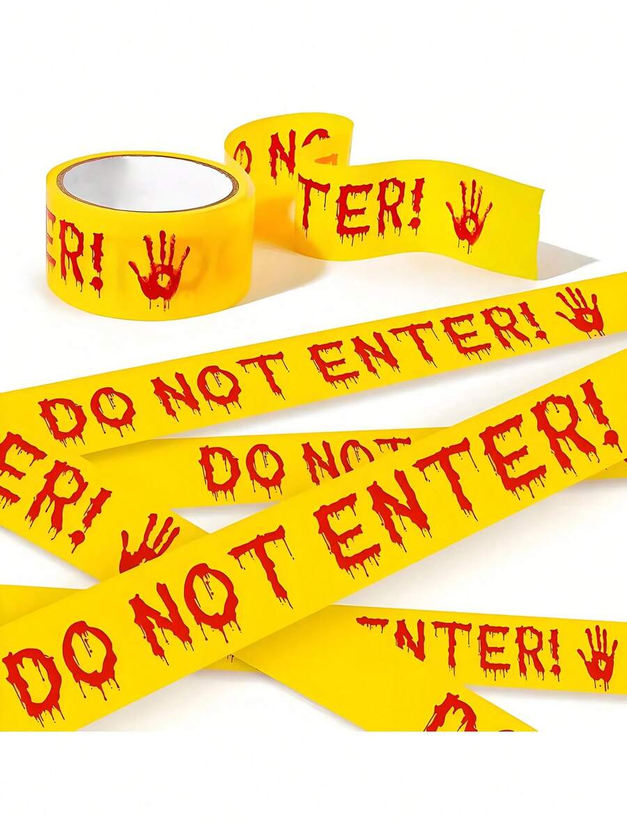 1pc Halloween Bloody Handprints Caution Tape - Plastic Horror Warning Ribbon For Zombie Party Decor, Barrier & Scare Accessory - Multicolor - View 1