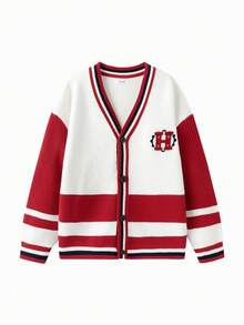 Balabala Chaqueta de punto informal con botones para niños preadolescentes - tono rojo blanco - Ver 1