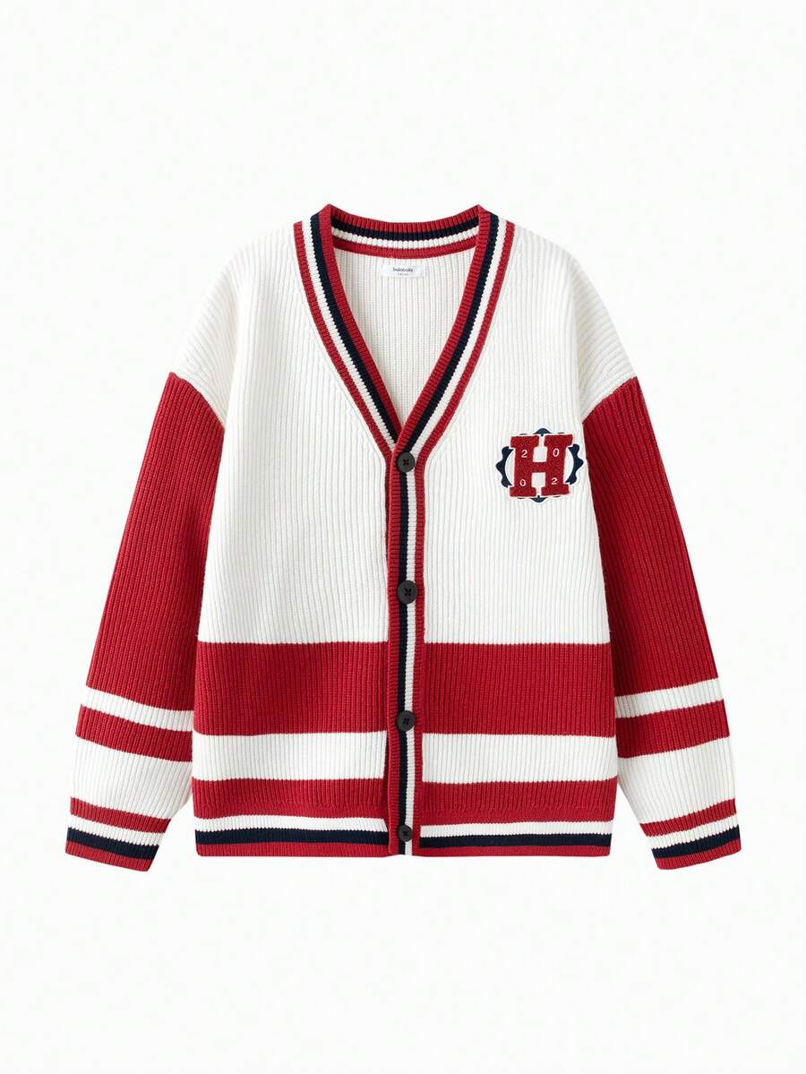 Balabala Chaqueta de punto informal con botones para niños preadolescentes - tono rojo blanco - Ver 1