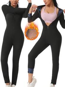 女式紧身束腰训练器、紧身压缩健身上衣和紧身裤套装 - 藍色 - 查看 3