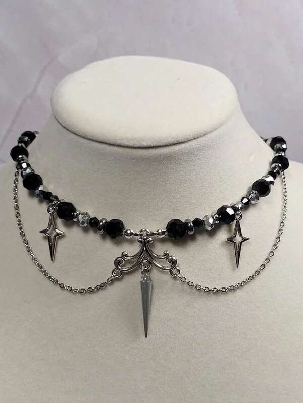 rundraw 1pc Hollow Star Rivet Crystal Beaded Geometric Pendant Fringe Punk Necklace, Multi-Color Stainless Steel, Suitable For Lady's Dance, Music Festival, Party And Daily Wear Accessories