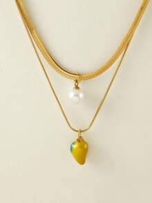 1 件不锈钢双层蛇骨项链，带树脂仿珍珠和水果吊饰（草莓、西瓜、樱桃），非常适合夏季郊游、海滩、情人节礼物和日常佩戴，适合所有场合