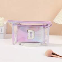2pcs Letter Laser Makeup Bag, Transparent Jelly Travel Organizer Pouch, Large Capacity High-End Toiletry Bag