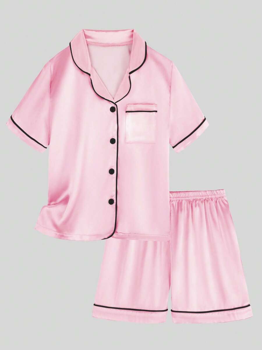 Tween Girl Light Pink Single-Breasted Short Sleeve Top And Shorts Pajama Set