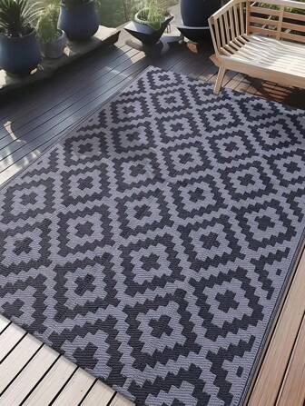 8ft X 10ft Outdoor Rug, Waterproof, Reversible Mat, Plastic Woven Area Rug, Outdoor Carpet, Geometric Pattern For Camper, Camping Site, Picnic, RV, Backyard, Patio, Balcony, Beach (Black & Gray)