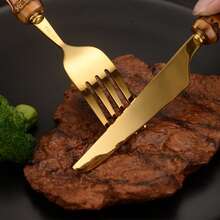 Cirelle 16/4 件套竹制不锈钢餐具套装，带天然竹柄，学校用品，圣诞节礼物，感恩节和万圣节节日餐具 - 金色 - 查看 8