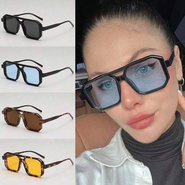 1pc Women's Retro Square Frame Glasses, Dual Bridge, Sun Glare Protection, Beach Accessory