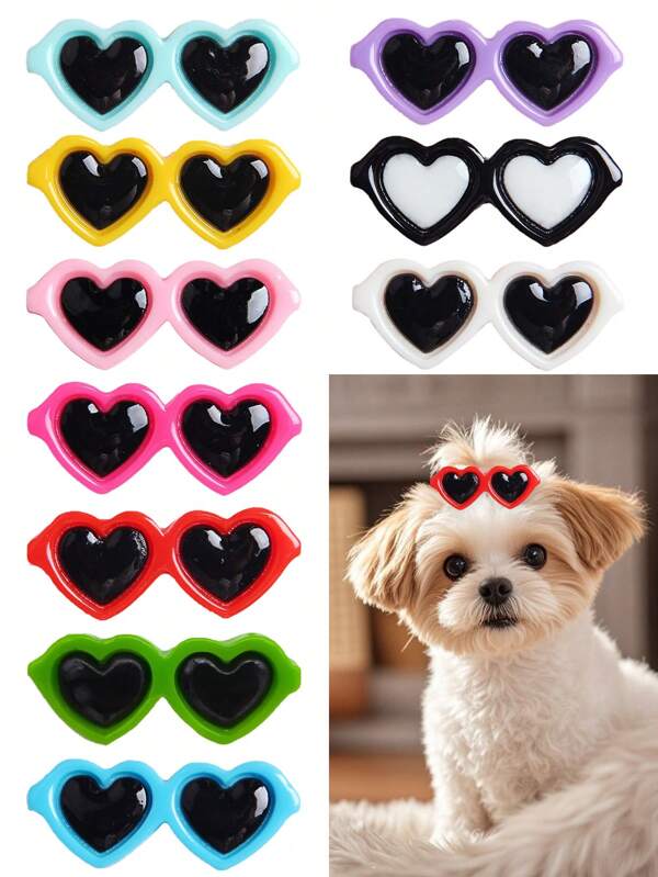 2/5/10pcs Random Color Cute Heart Shaped Sunglasses Design Hair Clips Pet Dog Cat Hair Accessories, Suitable For Daily Pet Grooming And Decoration