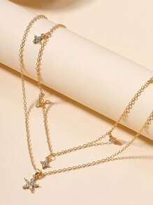 1pc Fashionable Elegant Minimalist Versatile Floral Rhinestone Inlay Five Petal Flower & Four Leaf Clover Tassel Multi-Layer Necklace, Suitable For Banquet, Party, Gift For Ladies