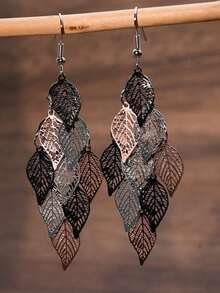 1 Pair Fashionable Retro Hollow Leaf Tassel Earrings For Women, Japanese And Korean Style - Bạc - Xem 1
